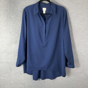Chico's Top Womens XL Blue Long Sleeve Collard Tiered Hem Office‎ Church Preppy